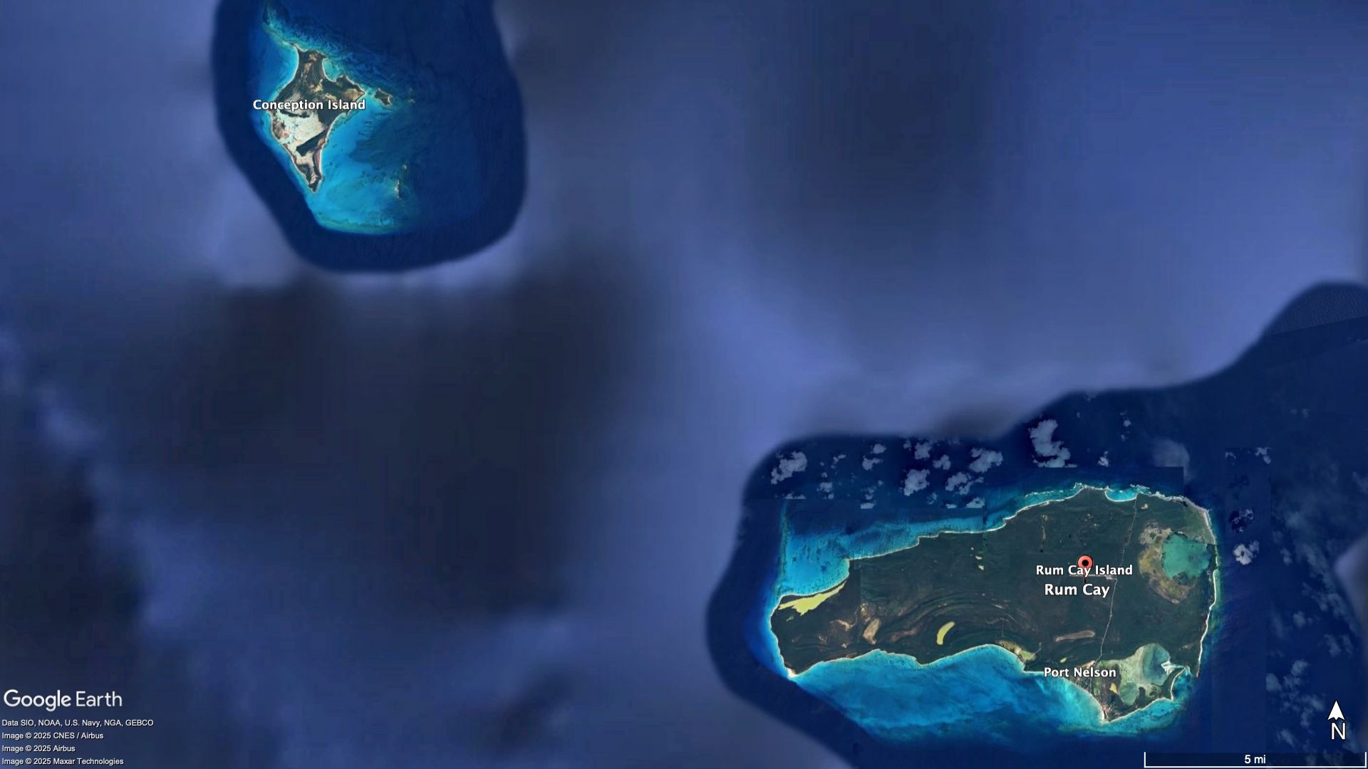 Google Earth view showing Miami Nassau Rum Cay sailing route